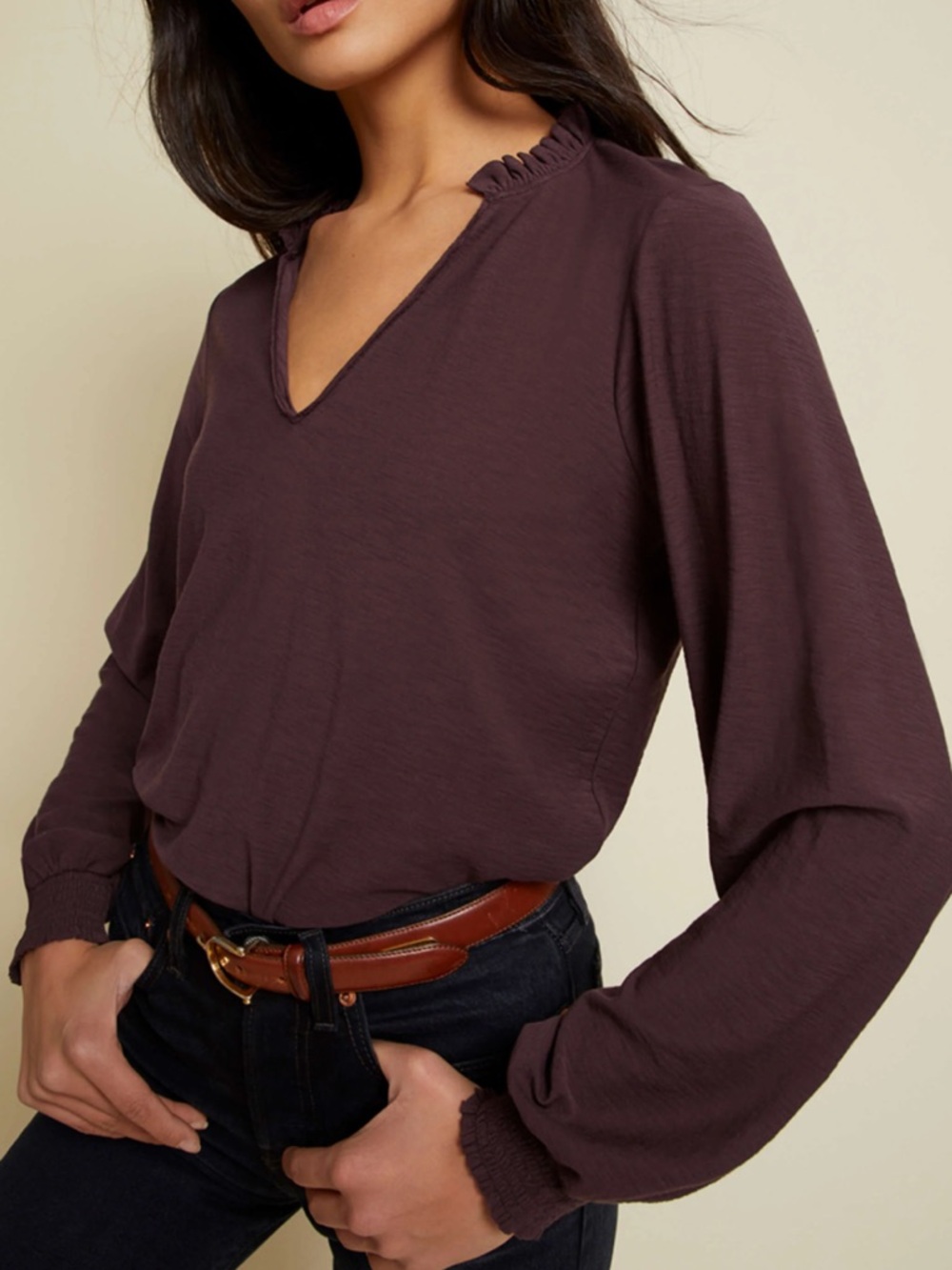 Nation LTD Sasha Peasant Top in Eggplant Purple Pima Cotton Size Small